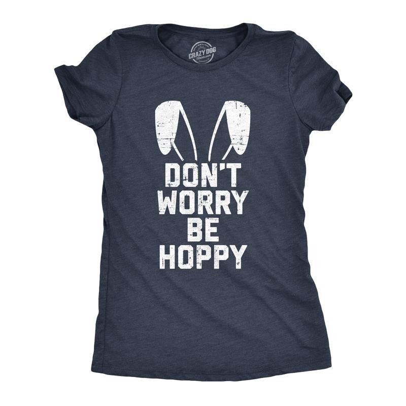 Womens Don't Worry Be Hoppy T Shirt Funny Easter Bunny Tee Funny Womens T Shirts Cute Slimming Top Comfortable Soft Womenswear Easter Tops for Women Women's Novelty Tees Navy
