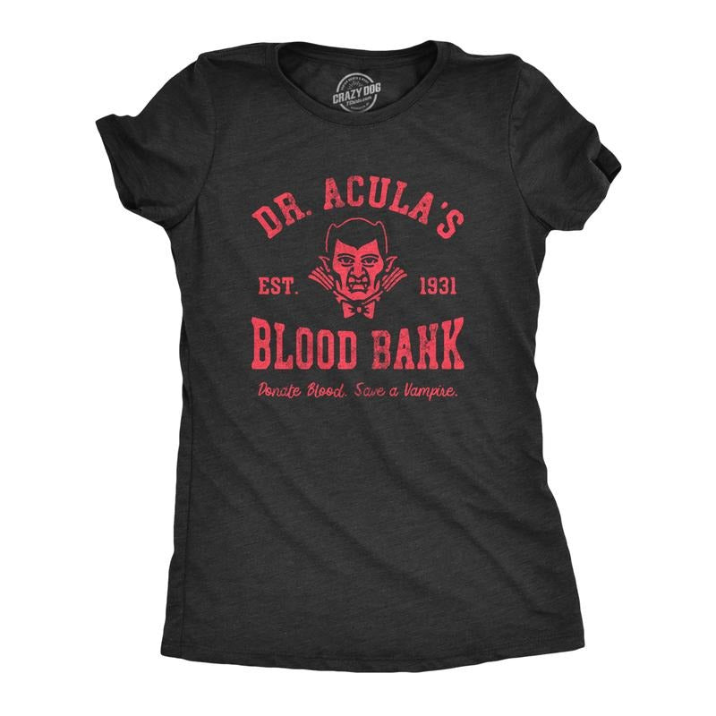 Womens Dr Aculas Blood Bank T Shirt Funny Scary Halloween Party Vampire Donor Tee for Ladies Funny Womens T Shirts Cute Slimming Top Black -