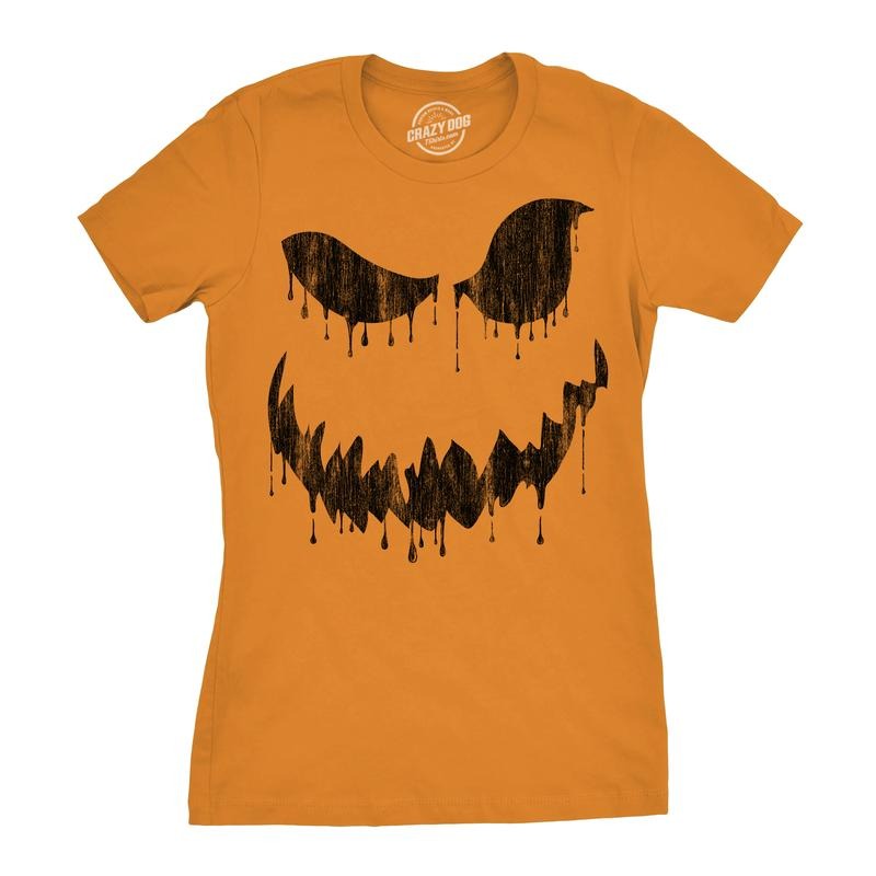 Womens Drippy Dan Pumpkin T Shirt Funny Halloween Jack O Lantern Creepy Smile Tee For Ladies Funny Womens T Shirts Cute Slimming Top Comfortable Soft Womenswear Halloween Tops for Women Women's Orange - L
