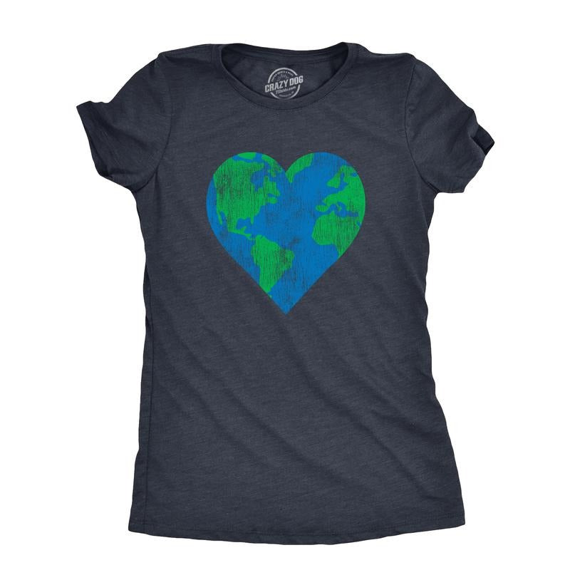 Womens Earth Heart T Shirt Funny Awesome Earth Day Nature Lovers Tee for Ladies Funny Womens T Shirts Cute Slimming Top Comfortable Soft Womenswear Funny Environmental Top Women's Novelty Tees Navy -