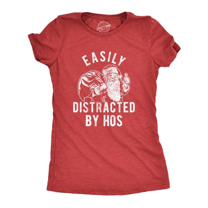 Womens Easily Distracted By Hos T Shirt Funny Xmas Party Santa Claus Adult Joke Tee For Ladies Funny Womens T Shirts Cute Slimming Top Comfortable Soft Womenswear Christmas Tops for Women Funny Red - HOS