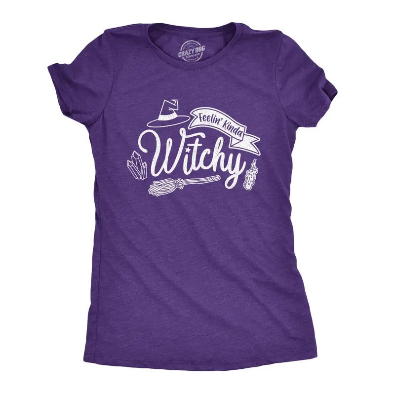 Womens Feelin Kinda Witchy T Shirt Funny Halloween Witch Tee Funny Womens T Shirts Cute Slimming Top Comfortable Soft Womenswear Halloween Tops for Women Women's Novelty Tees Purple