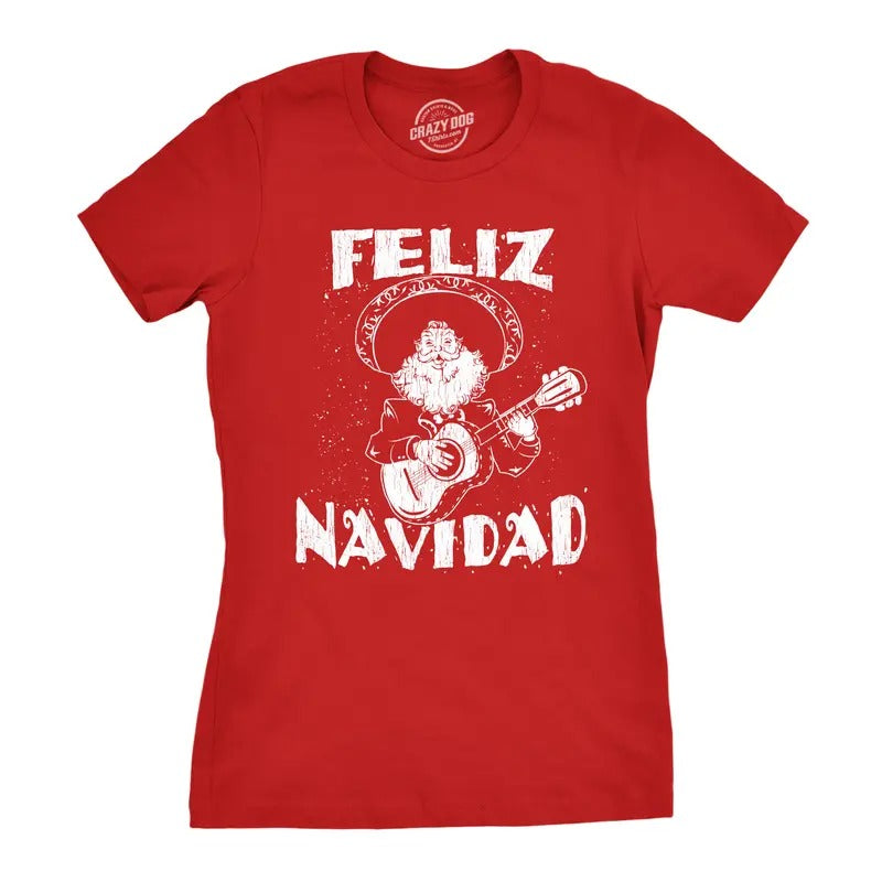 Womens Feliz Navidad T Shirt Funny Guitar Mexican Santa Claus Christmas Tee Funny Womens T Shirts Cute Slimming Top Comfortable Soft Womenswear Christmas Tops for Women Funny Cinco De Mayo Top Women's Red