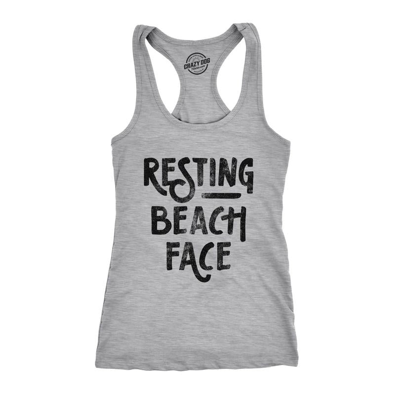Womens Fitness Tank Resting Beach Face Tanktop Funny Spring Break Vacation Ocean Graphic Shirt Funny Racerback Tank Cute Slimming Tank tops comfortable soft top Funny Summer Sleeveless Tee Novelty Light Grey