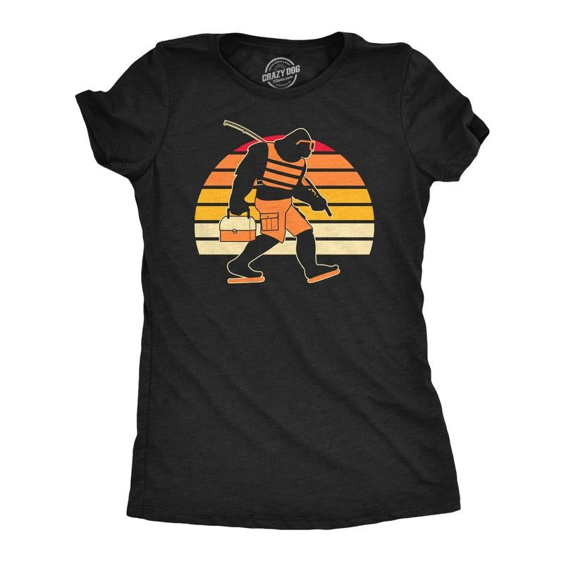 Womens Funny T Shirts Bigfoot Gone Fishing Sarcastic Sasquatch Graphic Tee for Ladies Funny Womens T Shirts Cute Slimming Top Comfortable Soft Womenswear Summer Tops for Women Funny Sarcastic Top Black -