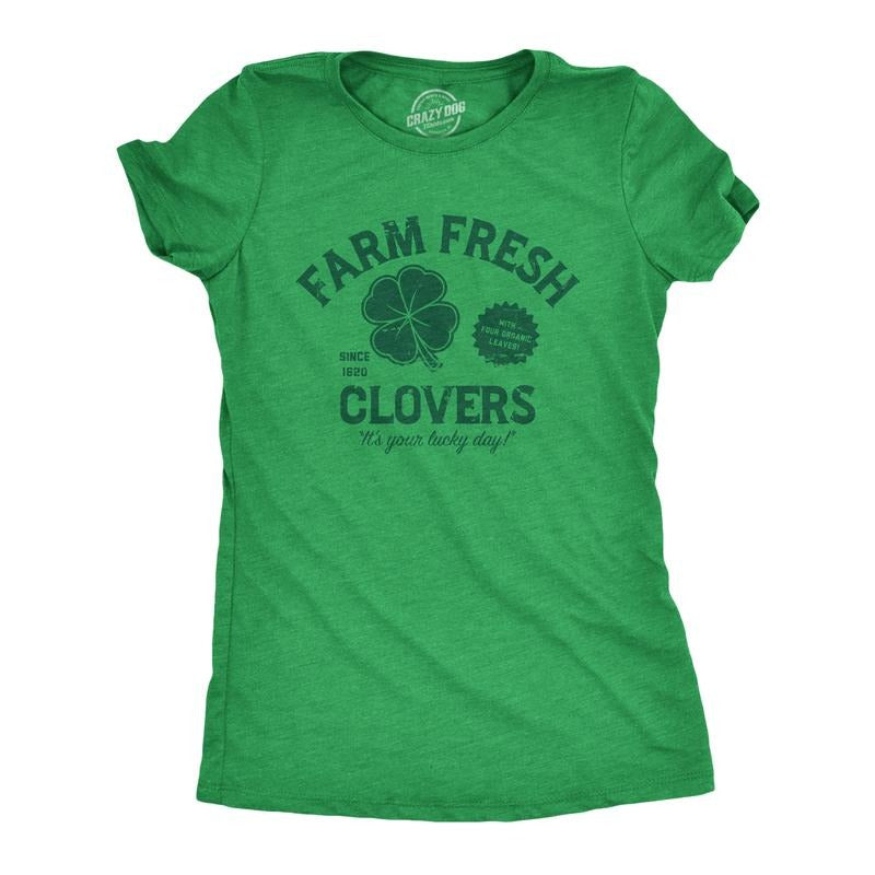 Womens Funny T Shirts Farm Fresh Clovers St Patricks Day Novelty Tee for Ladies Funny Womens T Shirts Cute Slimming Top Comfortable Soft Womenswear Saint Patrick's Day Tops for Women Women's Novelty Green -
