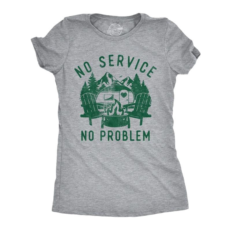 Womens Funny T Shirts No Service No Problem Sarcastic Camping Graphic Novelty Tee For Ladies Funny Womens T Shirts Cute Slimming Top Comfortable Soft Womenswear Sarcastic Tops for Women Funny Camping Light Grey