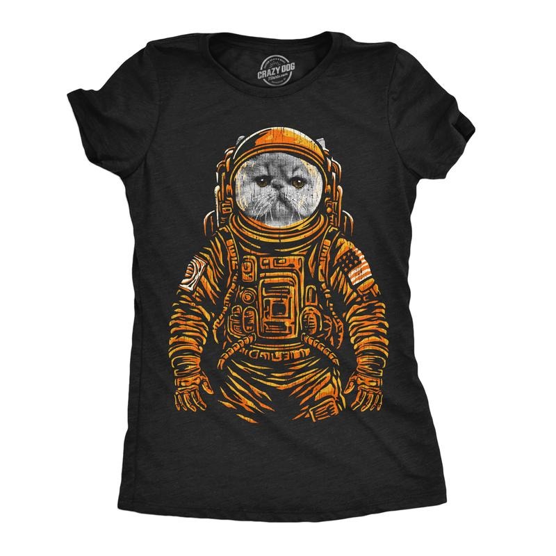 Womens Funny T Shirts Space Kitty Cool Astronaut Kitten Graphic Tee for Ladies Funny Womens T Shirts Cute Slimming Top Comfortable Soft Womenswear Space Tops for Women Funny Cat Top Women's Novelty Black -