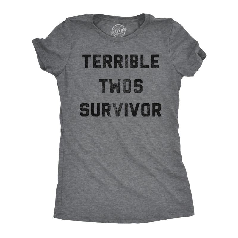 Womens Funny T Shirts Terrible Twos Survivor Sarcastic Parenting Graphic Novelty Tee For Ladies Funny Womens T Shirts Cute Slimming Top Comfortable Soft Womenswear Funny Sarcastic Top Women's Novelty Dark Grey
