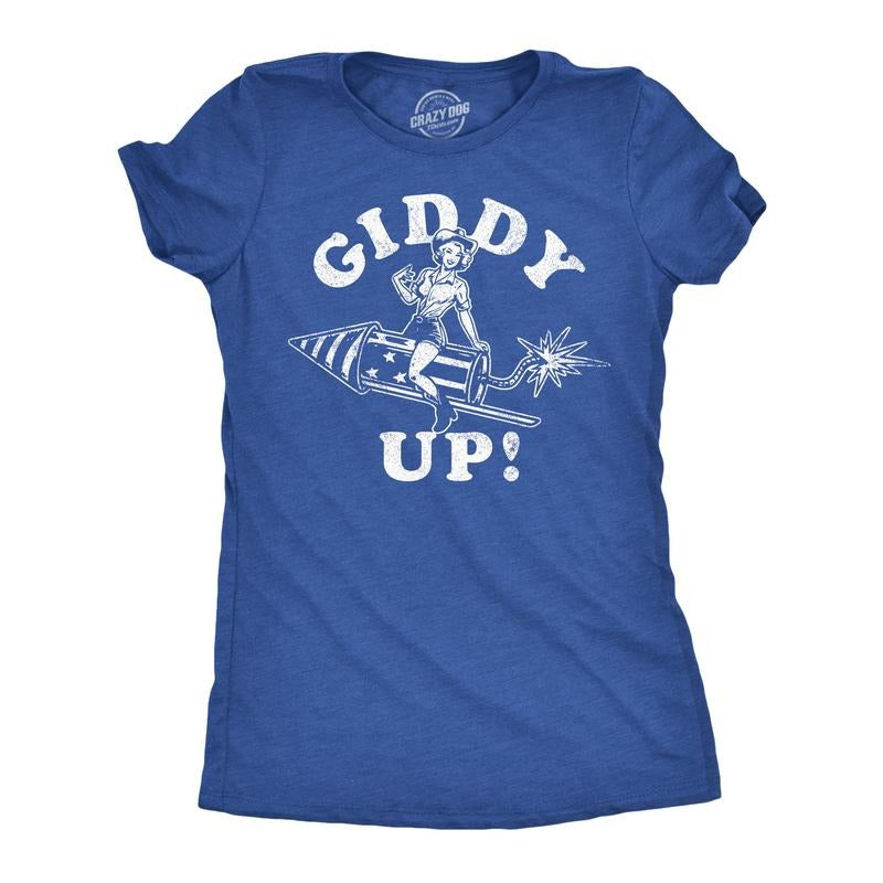Womens Giddy Up Funny T Shirt Sarcastic Fourth Of July Graphic Tee For Ladies Funny Womens T Shirts Cute Slimming Top Comfortable Soft Womenswear Patriotic Tops for Women Funny Sarcastic Top Women's Royal -