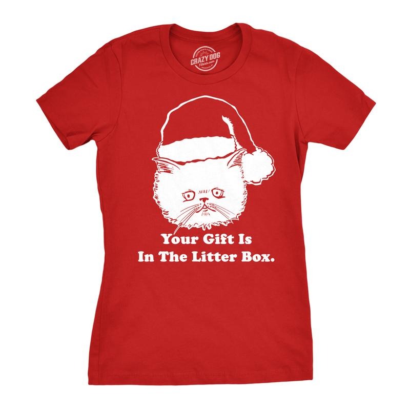 Womens Gift Is In The Litter Box Funny Crazy Cat Christmas Holiday T shirt Funny Womens T Shirts Cute Slimming Top Comfortable Soft Womenswear Christmas Tops for Women Funny Cat Top Women's Novelty Red