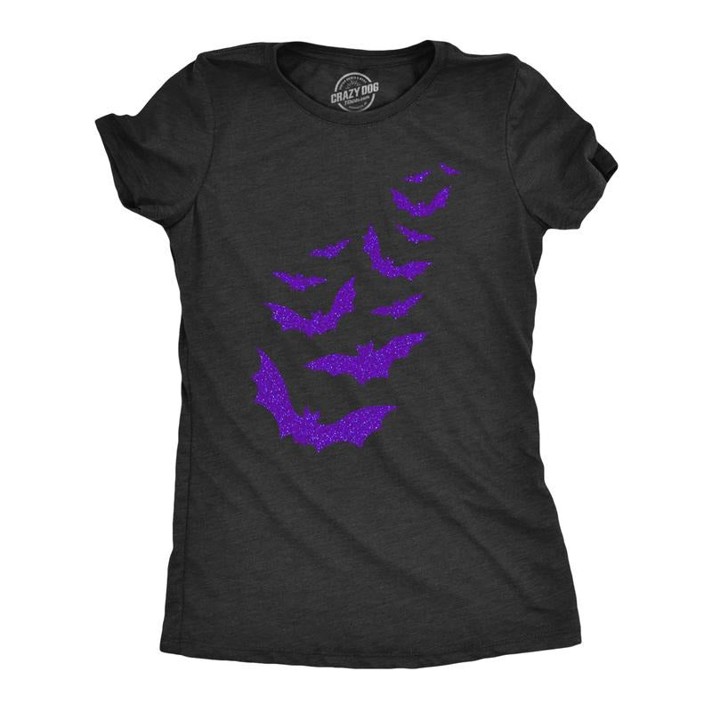 Womens Glitter Bats T Shirt Funny Cute Halloween Graphic Cool Novelty Tee for Ladies Funny Womens T Shirts Cute Slimming Top Black