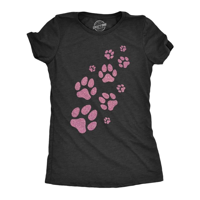 Womens Glitter Dog Paw Prints T Shirt Funny Cute Pet Puppy Lover Graphic Novelty Tee for Ladies Funny Womens T Shirts Cute Slimming Top Comfortable Soft Womenswear Mother's Day Tops for Women Funny Black -