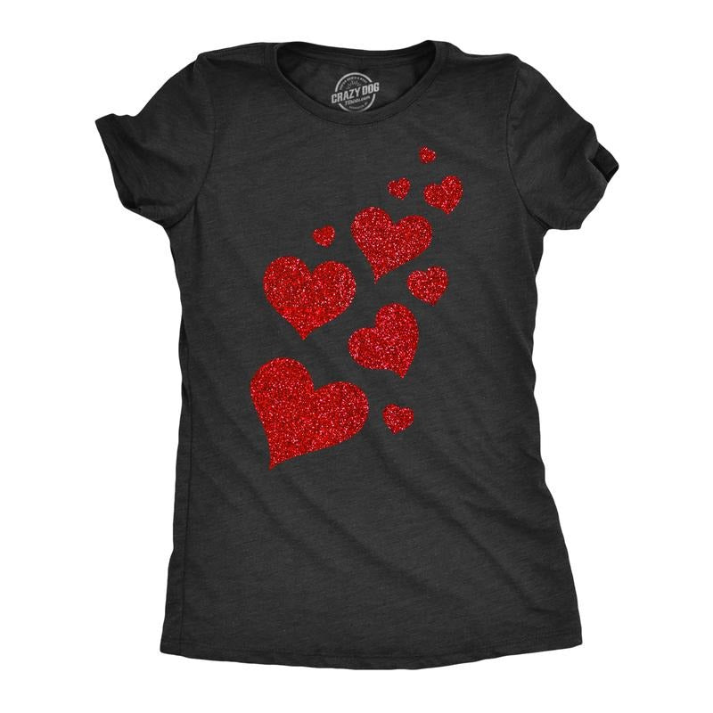Womens Glitter Hearts T Shirt Cute Valentines Day Red Heart Graphic Novelty Tee For Ladies Funny Womens T Shirts Cute Slimming Top Comfortable Soft Womenswear Love Tops for Women Funny Mother's Day Black -