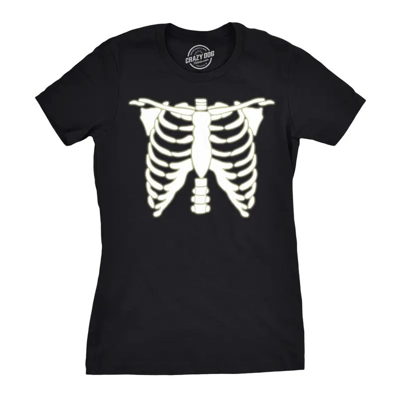 Womens Glowing Skeleton T Shirt Rib Cage Cool Halloween Glow In The Dark Tee Funny Womens T Shirts Cute Slimming Top Comfortable Soft Womenswear Halloween Tops for Women Women's Novelty Tees Black