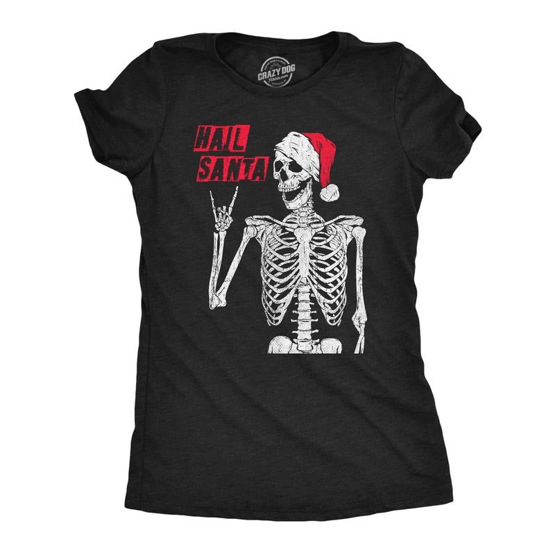 Womens Hail Santa T Shirt Funny Xmas Skeleton Metal Horns Joke Tee For Ladies Funny Womens T Shirts Cute Slimming Top Comfortable Soft Womenswear Christmas Tops for Women Funny Sarcastic Top Women's Black -