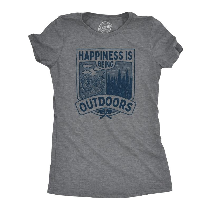 Womens Hapiness Is Being Outdoors T Shirt Funny Cool Nature Hiking Camping Lovers Tee for Ladies Funny Womens T Shirts Cute Slimming Top Comfortable Soft Womenswear Funny Camping Top Women's Novelty Dark Grey