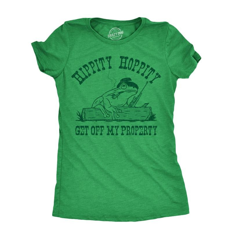 Womens Hippity Hoppity Get Off My Property T Shirt Funny Threatening Frog Joke Tee For Ladies Funny Womens T Shirts Cute Slimming Top Comfortable Soft Womenswear Sarcastic Tops for Women Funny Animal Green -