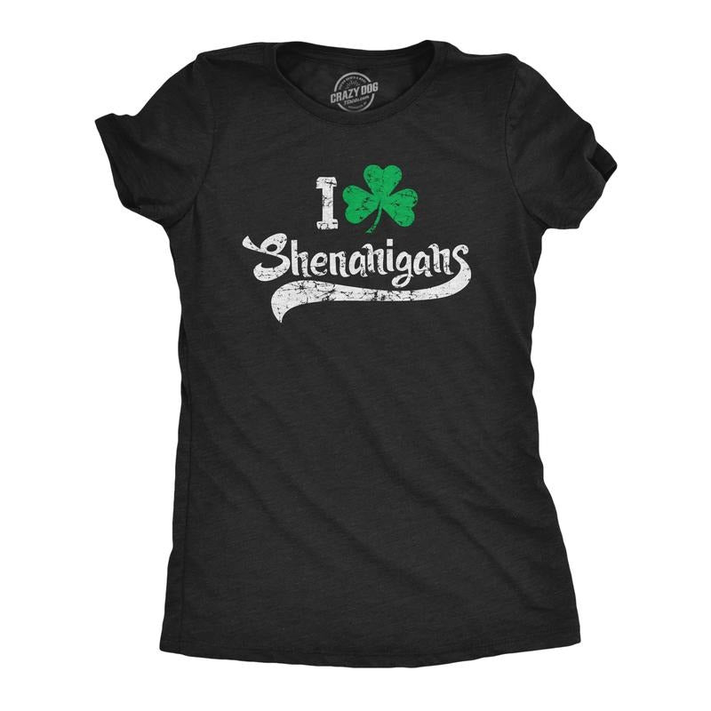 Womens I Clover Shenanigans T Shirt Funny Saint Patrick's Day Parade Graphic Novelty Tee For Ladies Funny Womens T Shirts Cute Slimming Top Comfortable Soft Womenswear Saint Patrick's Day Tops for Black -