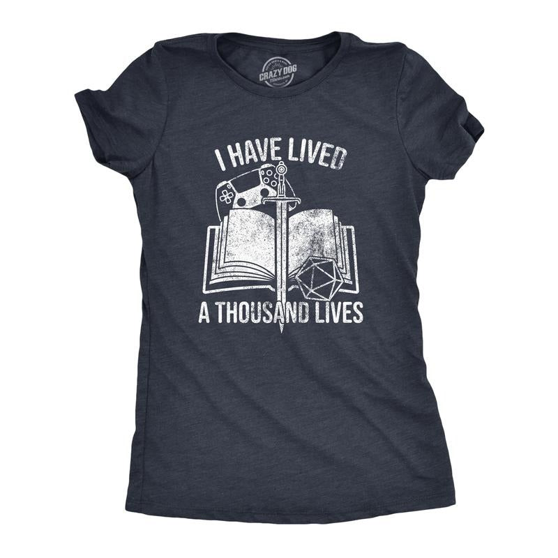 Womens I Have Lived A Thousand Lives T Shirt Funny Video Gaming Role Playing Reading Lovers Tee For Ladies Funny Womens T Shirts Cute Slimming Top Comfortable Soft Womenswear Nerd T Shirt for Women Navy -