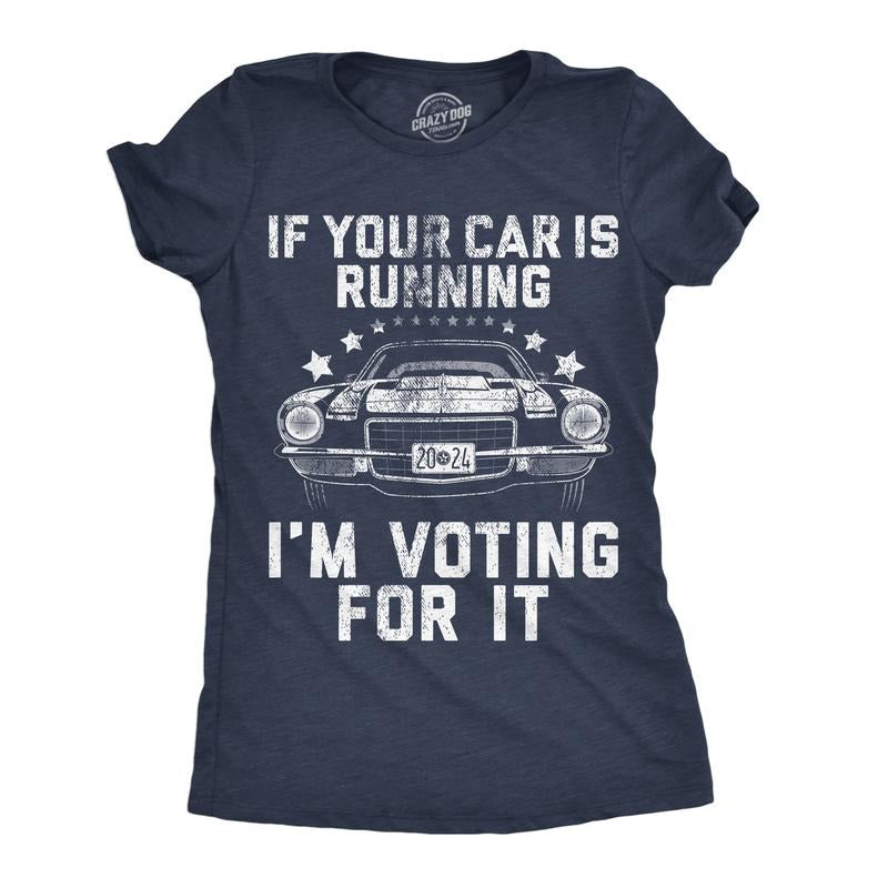 Womens If Your Car Is Running Im Voting For It Funny T Shirts Car Graphic Tee Funny Womens T Shirts Cute Slimming Top Comfortable Soft Womenswear Sarcastic Tops for Women Funny Mechanic Top Women's Navy - Car
