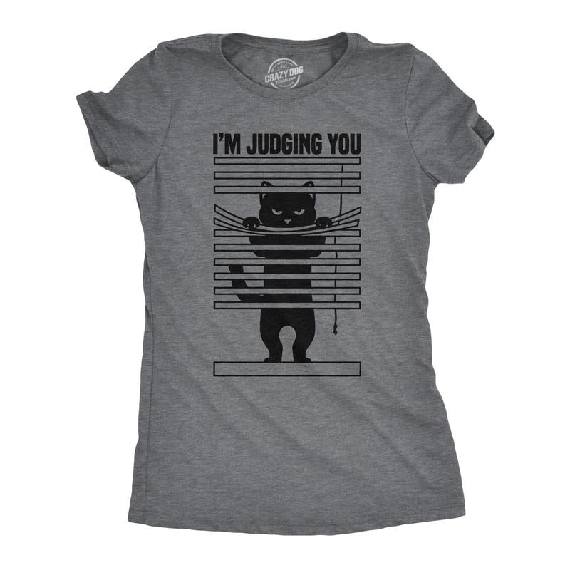 Womens Im Judging You Funny T Shirts Sarcastic Kitten Graphic Tee for Ladies Funny Womens T Shirts Cute Slimming Top Comfortable Soft Womenswear Sarcastic Tops for Women Funny Cat Top Women's Novelty Dark Grey