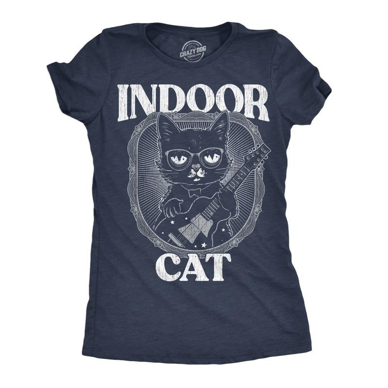 Womens Indoor Cat Funny T Shirt Introvert Sarcastic Tee for Ladies Funny Womens T Shirts Cute Slimming Top Comfortable Soft Womenswear Cat Tops for Women Funny Introvert Top Women's Novelty Tees Navy -