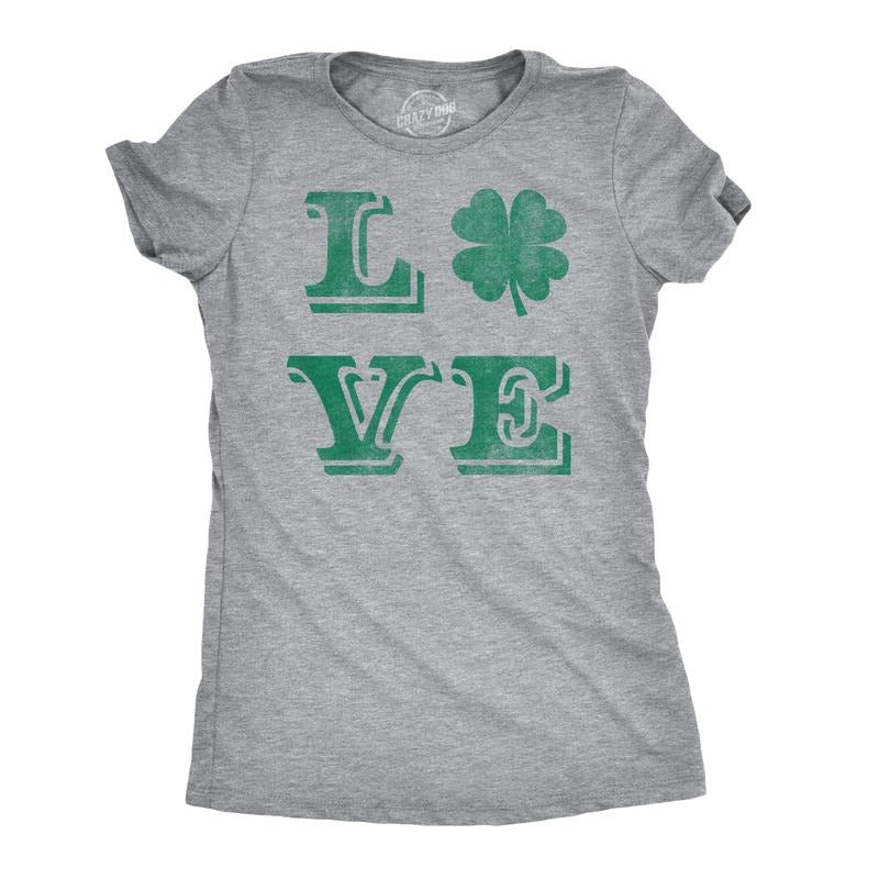 Womens LOVE Lucky Clover Saint Patricks Day Cute Irish St Patty Shamrock T Shirt Funny Womens T Shirts Cute Slimming Top Comfortable Soft Womenswear Saint Patrick's Day Tops for Women Funny Love Top Light Grey