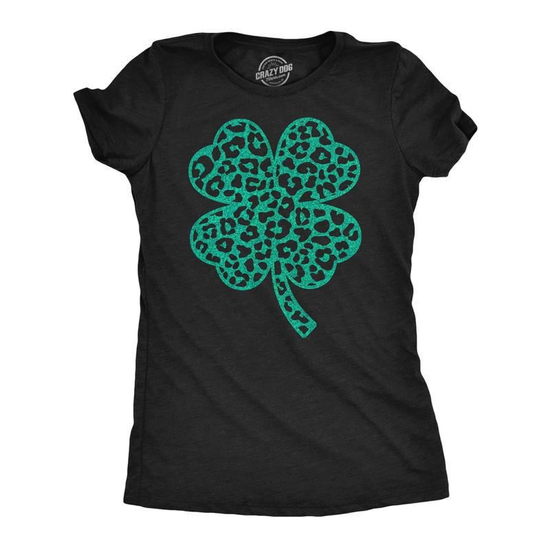 Womens Leopord Print Clover T Shirt Funny Cute Green Glitter St Paddys Day Shamrock Tee for Ladies Funny Womens T Shirts Cute Slimming Top Comfortable Soft Womenswear Saint Patrick's Day Tops for Black -