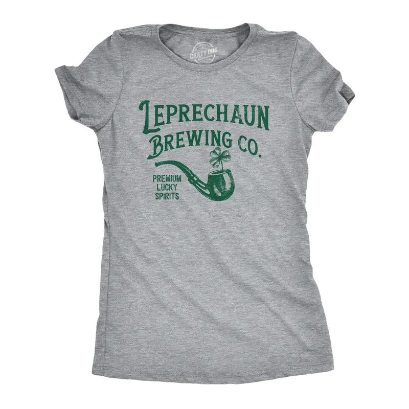 Womens Leprechaun Brewing Co Funny St Patricks Day T Shirt Womens Drinking Tee Funny Womens T Shirts Cute Slimming Top Comfortable Soft Womenswear Saint Patrick's Day Tops for Women Funny Drinking T Light Grey