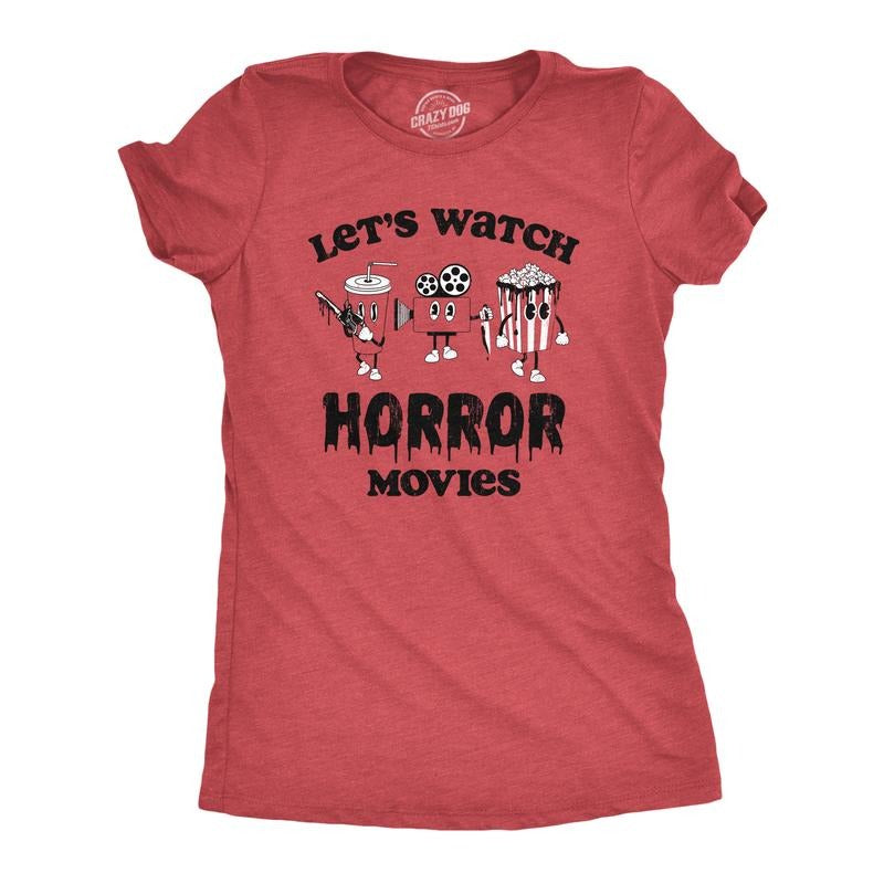 Womens Lets Watch Horror Movies T Shirt Funny Spooky Scary Film Lovers Tee for Ladies Funny Womens T Shirts Cute Slimming Top Red -
