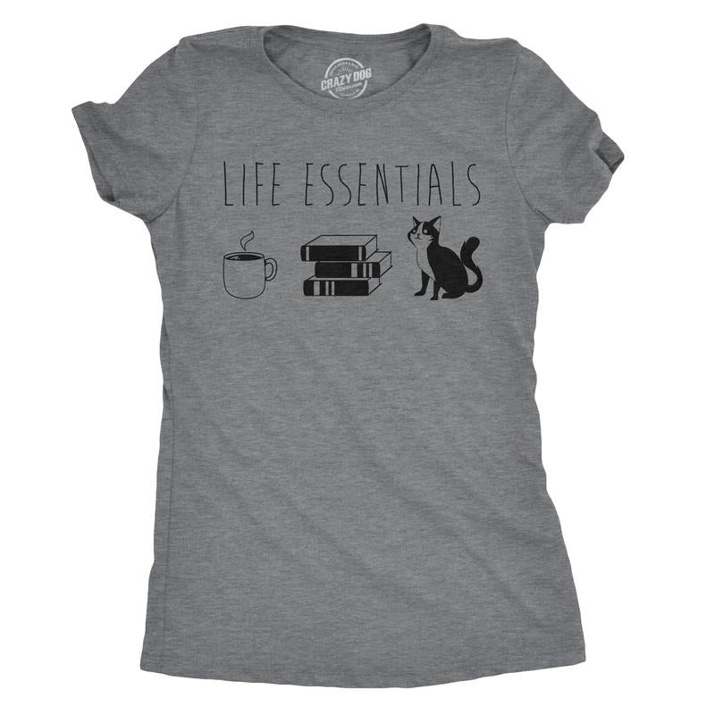 Womens Life Essentials T shirt Funny Coffee Cat Mom Lover Cute Graphic Ladies Funny Womens T Shirts Cute Slimming Top Comfortable Soft Dark Grey