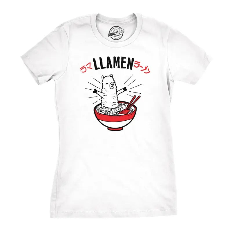 Womens Llamen Funny Ramen T-shirt For Foodie Girls Funny Womens T Shirts Cute Slimming Top Comfortable Soft Womenswear Funny Food Top Women's Novelty Tees White