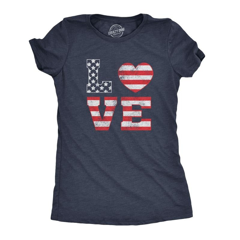 Womens Love American Flag T Shirt Cute Patriotic Red White and Blue Tee Funny Womens T Shirts Cute Slimming Top Comfortable Soft Navy -