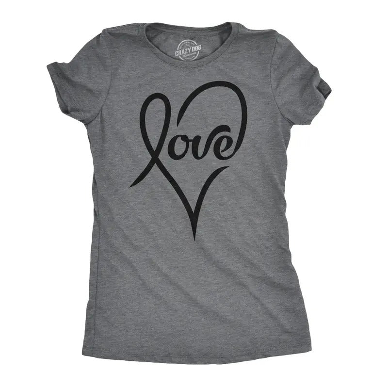 Womens Love Cursive Heart Design Cute Graphic Novelty Valentines Day T shirt Funny Womens T Shirts Cute Slimming Top Comfortable Soft Womenswear Love Tops for Women Women's Novelty Tees Dark Grey