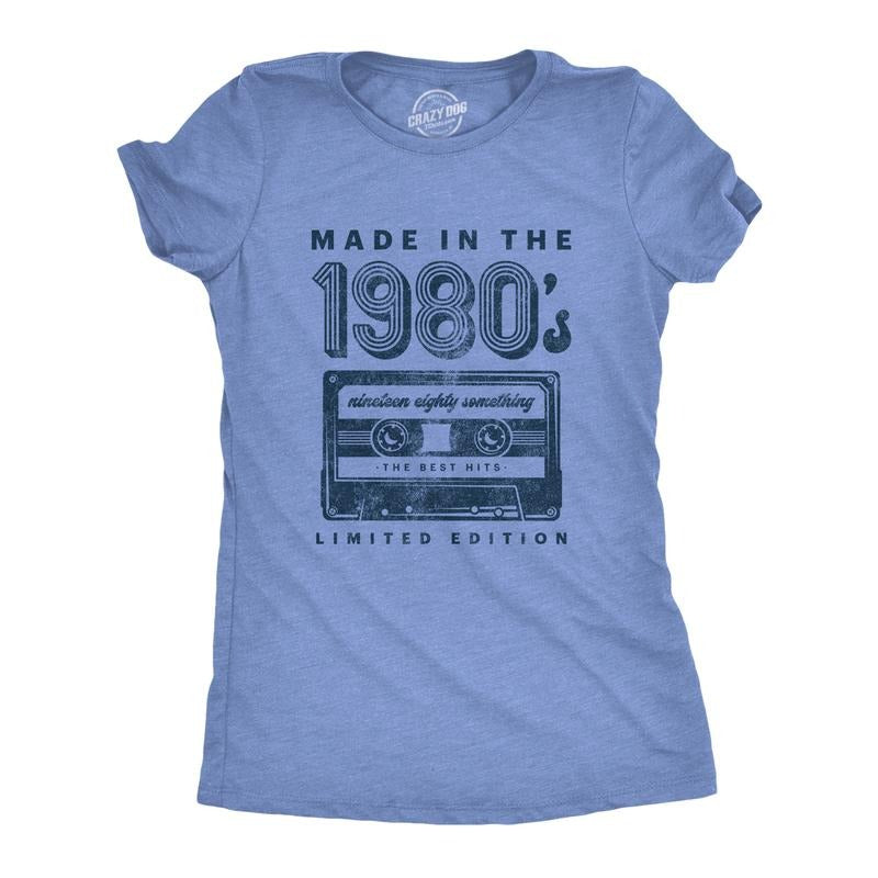 Womens Made In The 1980s T Shirt Funny Retro Cassette Tape Music Graphic Tee Funny Womens T Shirts Cute Slimming Top Comfortable Soft Light Blue