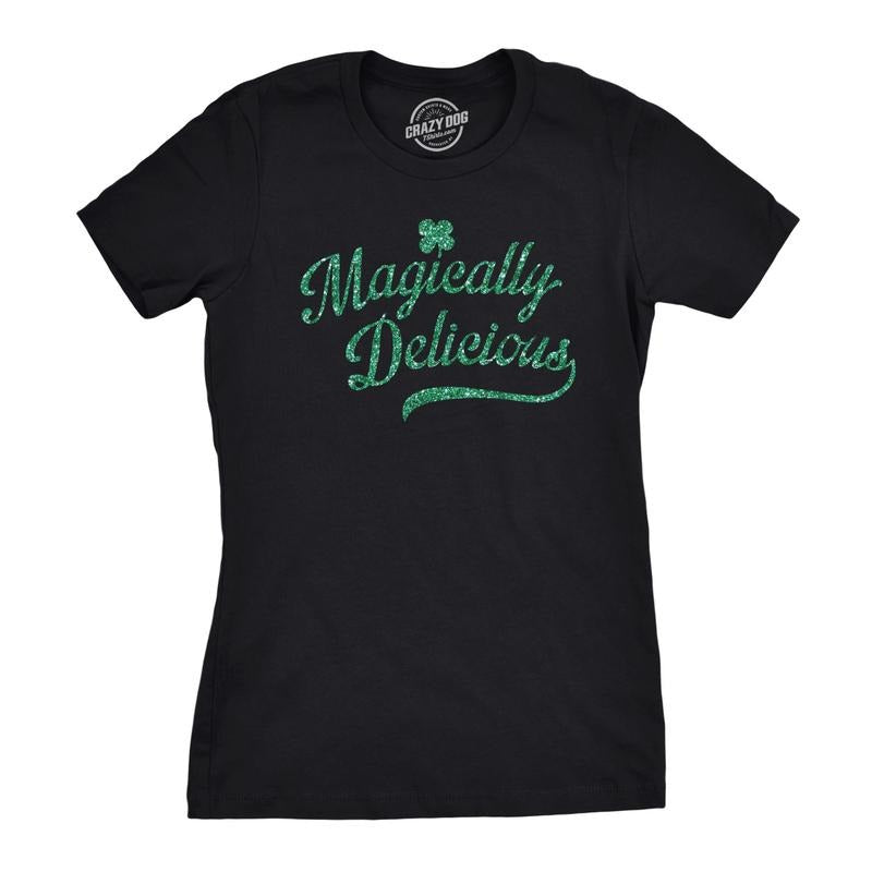 Womens Magically Delicious T Shirt Funny Irish Tee Funny Womens T Shirts Cute Slimming Top Comfortable Soft Womenswear Saint Patrick's Day Tops for Women Women's Novelty Tees Black -