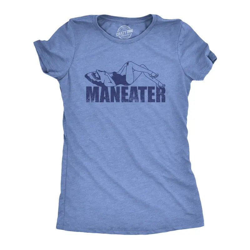 Womens Maneater T Shirt Funny Sexy Dangerous Shark Joke Tee For Ladies Funny Womens T Shirts Cute Slimming Top Comfortable Soft Womenswear Shark Tops for Women Funny Sarcastic Top Women's Novelty Tees Light Blue