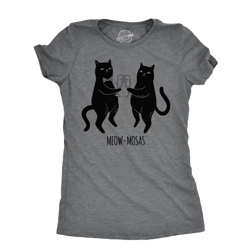 Womens Meow Mosas T Shirt Funny Drinking Party Cat Brunch Lovers Tee For Ladies Funny Womens T Shirts Cute Slimming Top Comfortable Soft Womenswear Drinking T Shirt for Women Funny Cat T Shirt Women's Dark Grey