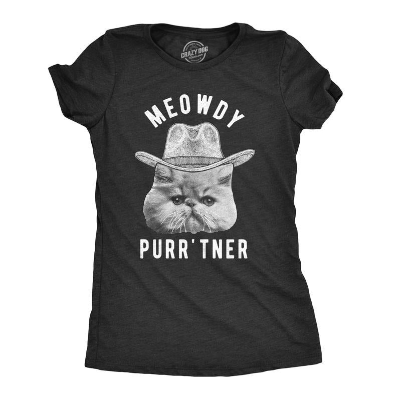 Womens Meowdy Purr'tner T Shirt Hilarious Cowboy Cat Tee Kitty Owner Gift Funny Womens T Shirts Cute Slimming Top Comfortable Soft Womenswear Funny Cat Top Women's Novelty Tees Black