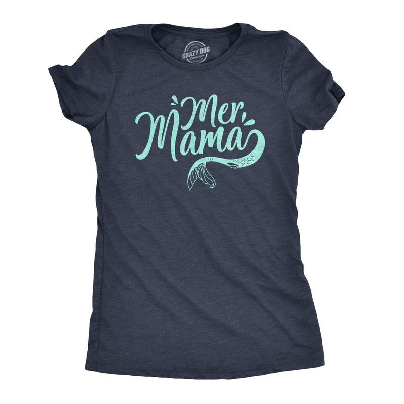 Womens MerMama T Shirt Funny Mothers Day Mermaid Tee Funny Womens T Shirts Cute Slimming Top Comfortable Soft Womenswear Mother's Day Tops for Women Women's Novelty Tees Navy