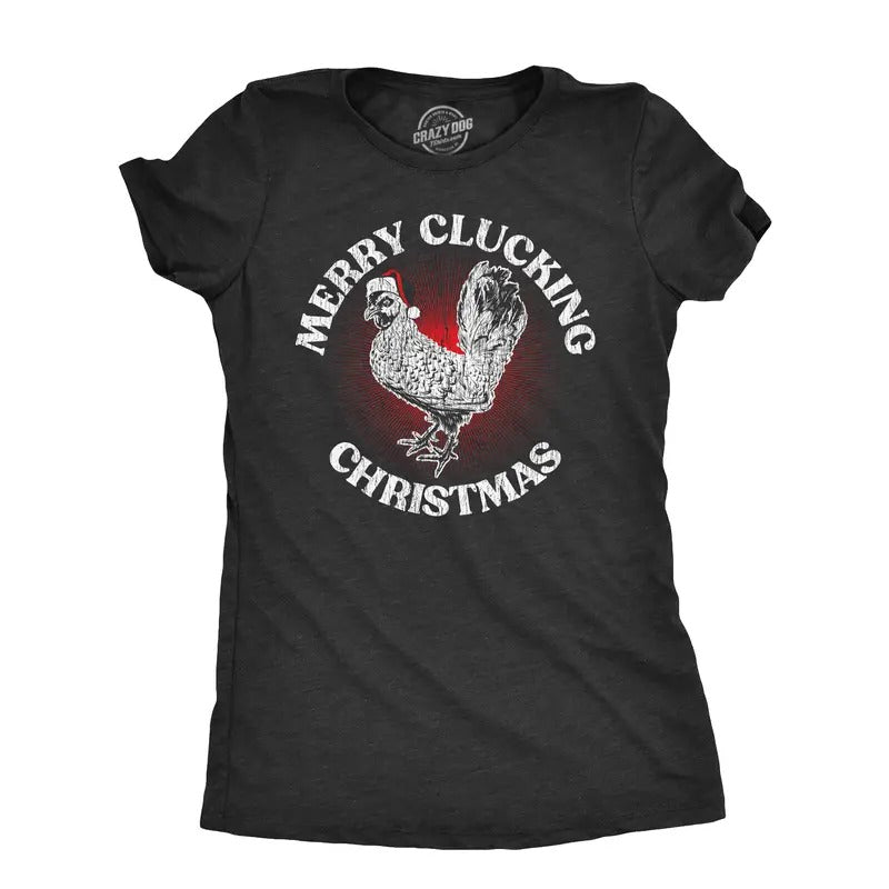 Womens Merry Clucking Christmas T Shirt Funny Xmas Rooster Chicken Joke Tee for Ladies Funny Womens T Shirts Cute Slimming Top Comfortable Soft Womenswear Christmas Tops for Women Funny Animal Top Black -