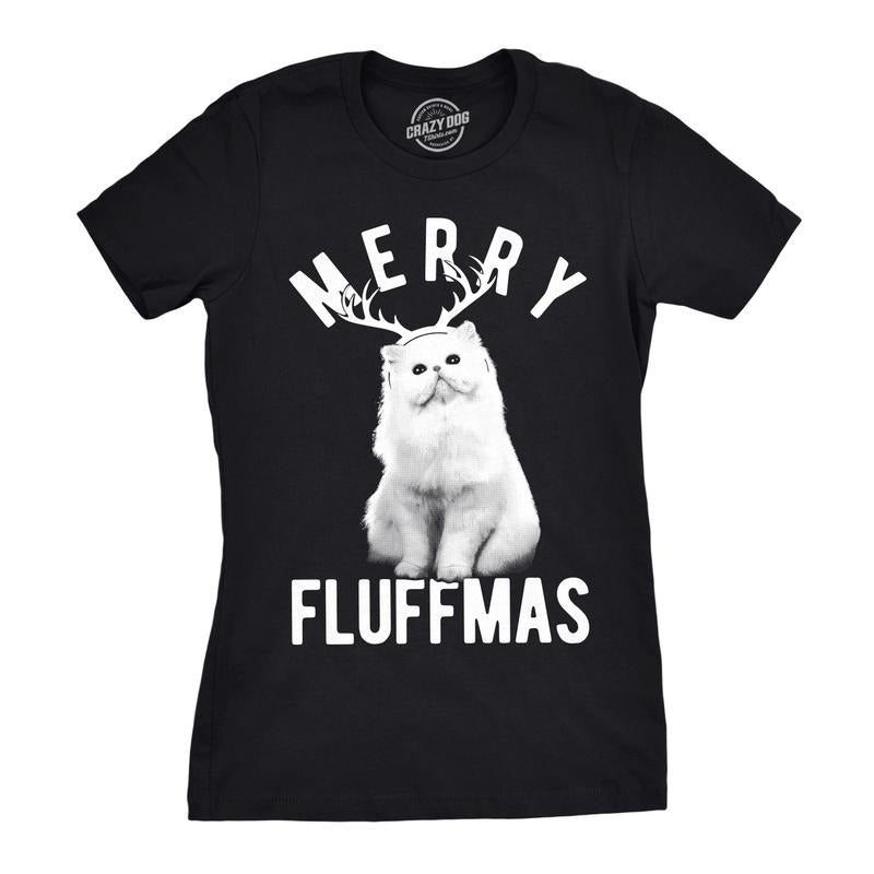 Womens Merry Fluffmas T Shirt Funny Christmas Cat Tee Funny Womens T Shirts Cute Slimming Top Comfortable Soft Womenswear Christmas Tops for Women Funny Cat Top Women's Novelty Tees Black