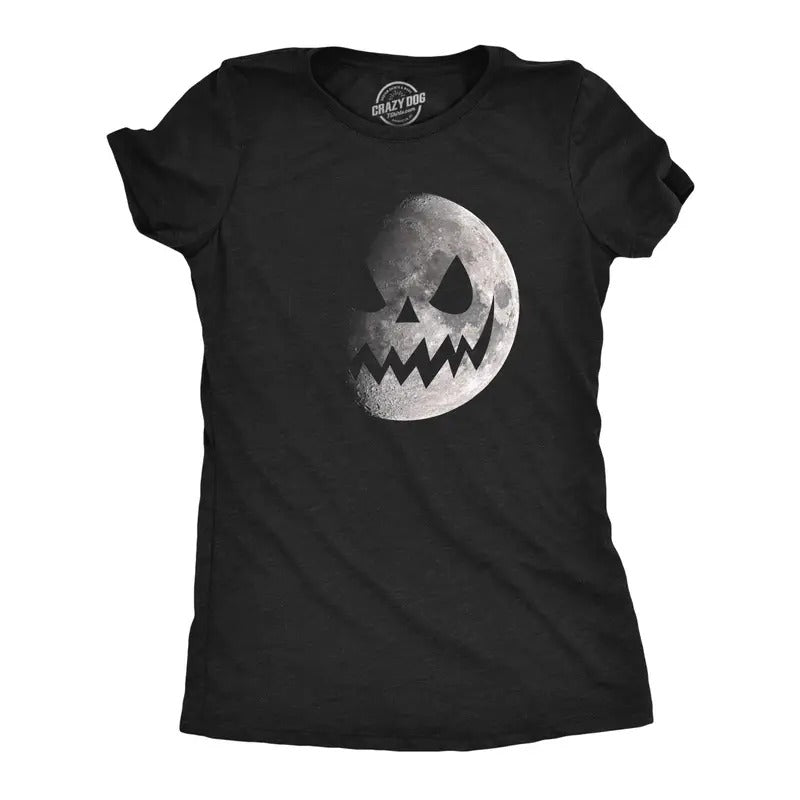 Womens Moon Jack O Lantern T Shirt Funny Spooky Lunar Phases Scary Face Tee For Ladies Funny Womens T Shirts Cute Slimming Top Comfortable Soft Womenswear Halloween Tops for Women Women's Novelty Tees Black -