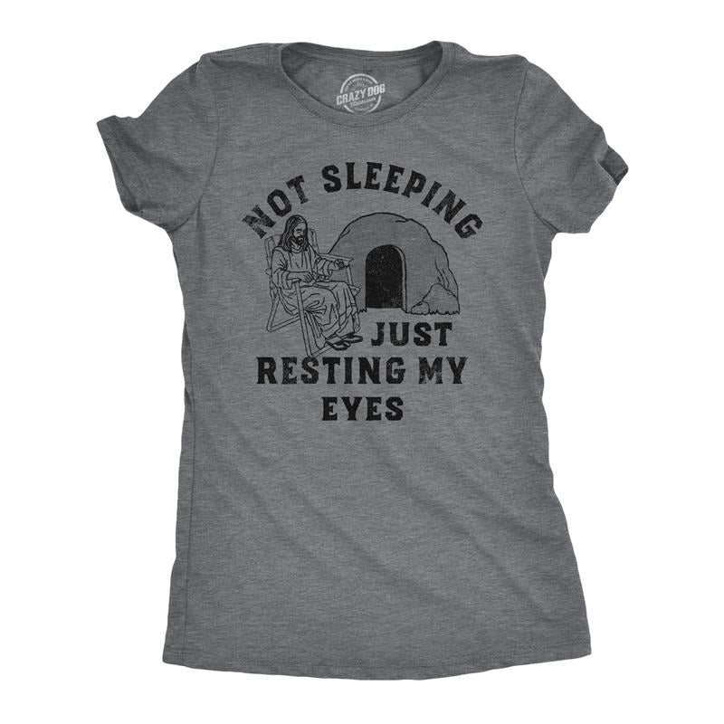 Womens Not Sleeping Just Resting My Eyes Funny T Shirt Sarcastic Jesus Joke Tee Funny Womens T Shirts Cute Slimming Tees with Plus Sizes Easter T Shirt for Women Funny Sarcastic T Shirt Women's Light Grey
