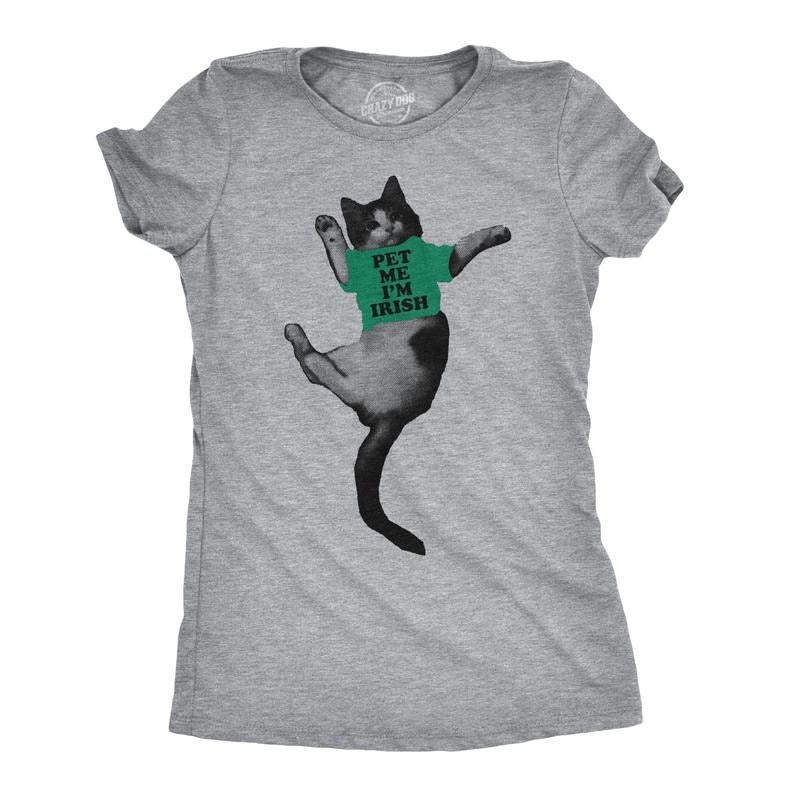 Womens Pet Me Im Irish Funny Kitten St. Patrick's Day Crazy Cat Lover T Shirt Funny Womens T Shirts Cute Slimming Top Comfortable Soft Light Grey