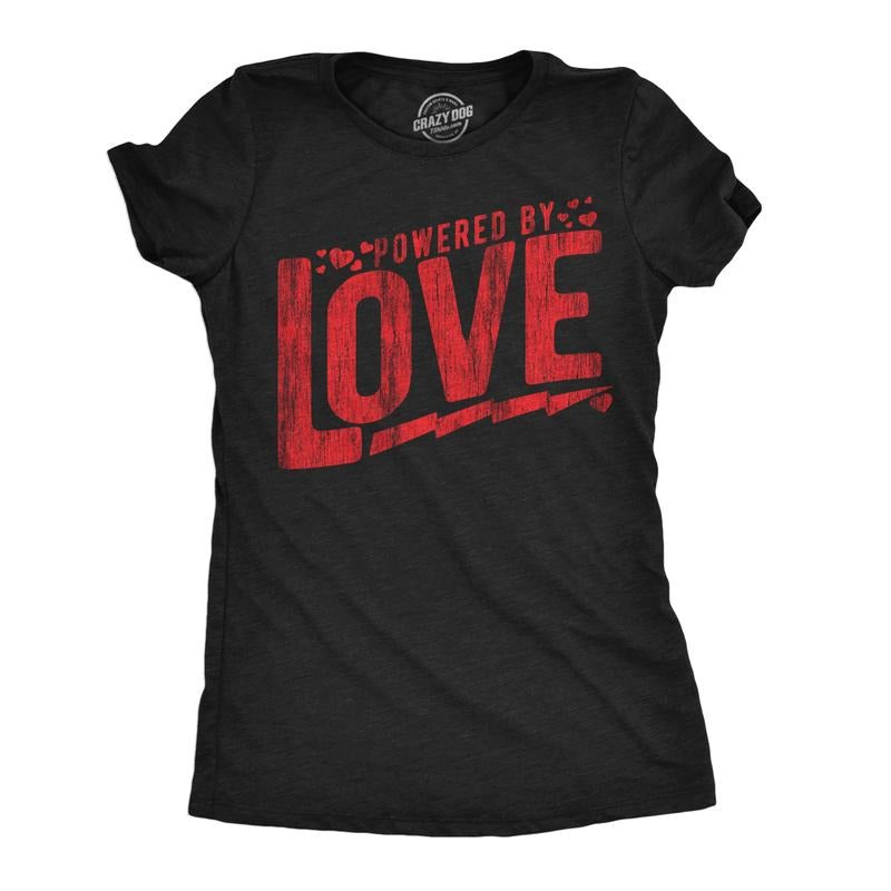 Womens Powered By Love Funny T Shirts Cute Valentines Day Graphic Tee For Ladies Funny Womens T Shirts Cute Slimming Top Comfortable Soft Womenswear Love Tops for Women Women's Novelty Tees Black -