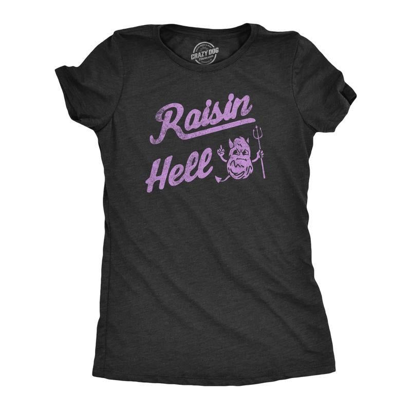 Womens Raisin Hell T Shirt Funny Evil Devil Fruit Joke Tee For Ladies Funny Womens T Shirts Cute Slimming Top Comfortable Soft Womenswear Sarcastic Tops for Women Funny Food Top Women's Novelty Tees Black -