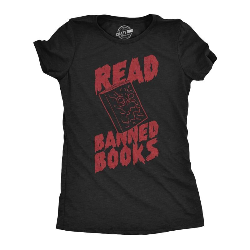 Womens Read Banned Books Funny T Shirt Awesome Reading Lovers Graphic Tee Funny Womens T Shirts Cute Slimming Tees with Plus Sizes Funny Sarcastic T Shirt Women's Novelty T Shirts Black -