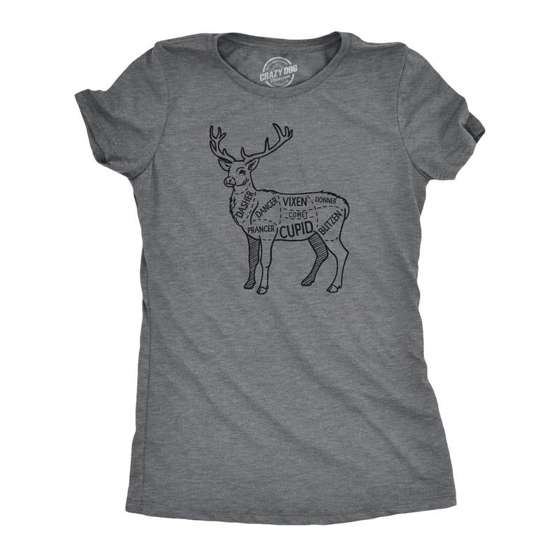 Womens Reindeer Meat Cuts T Shirt Funny Xmas Deer Hunter Butcher Joke Tee For Ladies Funny Womens T Shirts Cute Slimming Top Comfortable Soft Womenswear Christmas T Shirt for Women Funny Sarcastic T Dark Grey